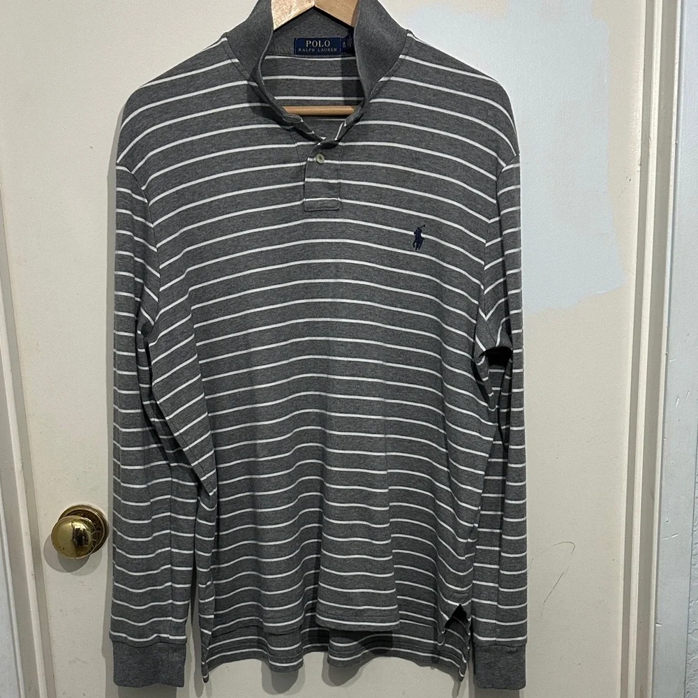 Polo by Ralph Lauren Men Long Sleeve Gray White‎ Stripe Polo Shirt Navy Logo XL
